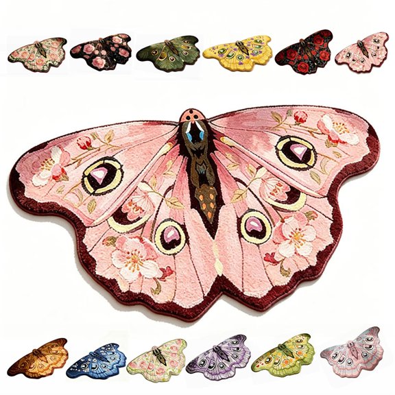 Vintage Colorful Butterfly Print Rug,Irregular Butterfly Moth Shaped Area Rug,Soft and Fluffy Faux Wool Mat, Dry Feet Warmth Carpet for Living Room Bedroom Bathroom Entryway Home Decor (#C)