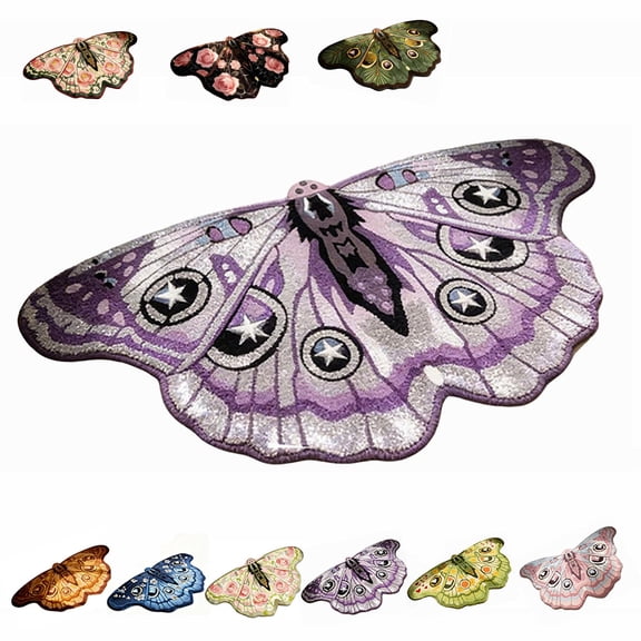 Vintage Colorful Butterfly Print Rug,Irregular Butterfly Moth Shaped Area Rug,Soft and Fluffy Faux Wool Mat, Dry Feet Warmth Carpet for Living Room Bedroom Bathroom Entryway Home Decor (Black)