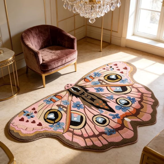 Vintage Colorful Butterfly Print Rug, Irregular Butterfly Moth Shaped Area Rug, Soft Plush Non Slip Doormat for Bedroom Bathroom Cottage Home Decor ( Pink, 19.6935.43in)