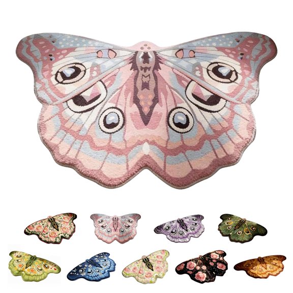 Vintage Colorful Butterfly Shaped Area Rug, 23.62 * 39.37 in Soft Faux Wool Butterfly Rug with Non Slip Backing, Washable Irregular Butterflys Moth Carpet for Girls Bedroom Bathroom Entryway