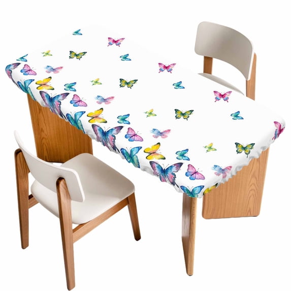 Vintage Colorful Butterfly Table Cloths for 6 Foot Rectangle Tables, Watercolor Butterflies Farmhouse Patio Waterproof Elastic Fitted Tablecloths, Washable Rectangular Table Cover for Camping