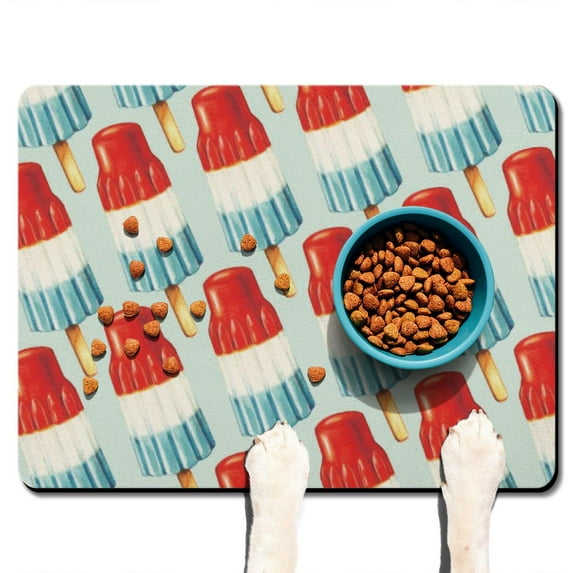 Vintage Colorful Dog Mat - Non-Slip Food Catcher Placemat with Watercolor Ice Cream & Donut Art, Durable 4-Layer Protection (Summer Ready)