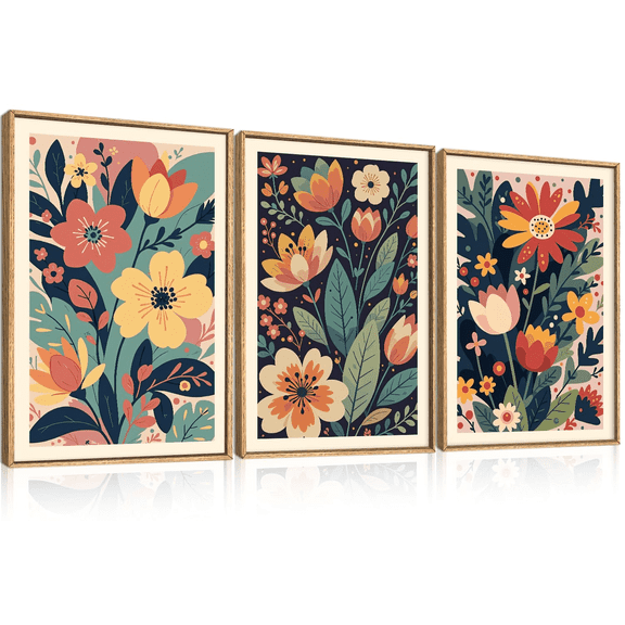 Vintage Colorful Floral Framed Canvas Wall Art Set of 3, Mid Century Modern Flower Wall Decor, Wildflower Plant Painting, Boho Botanical Art Prints for Living Room, Bedroom, Office, 16X24 Inch