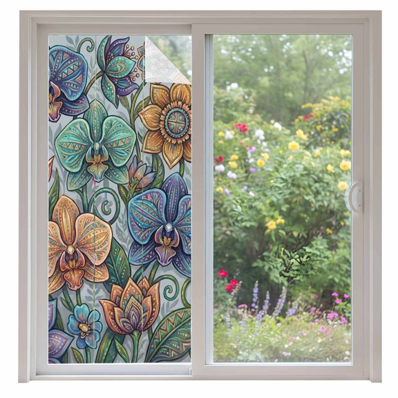 Vintage Colorful Floral Window Privacy Film, Spring Boho Vintage Abstract Art Static Cling UV Sun Blocking Heat Control Window Tint Day and Night, Non-Adhesive One Way Privacy Cover 35.4''x78.7''