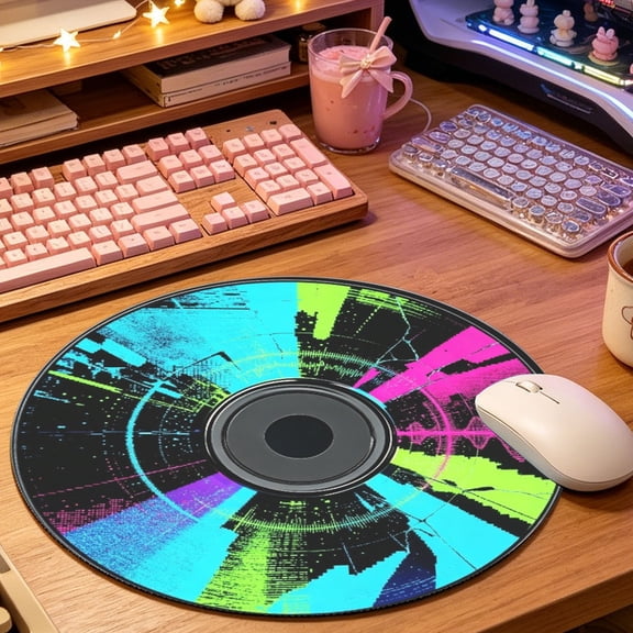 Vintage Colorful Graffiti Vinyl Record Round Mouse Pad, 2D Printed Mat for Office Gaming (8.66in), Desktop Decor & Festival Gift