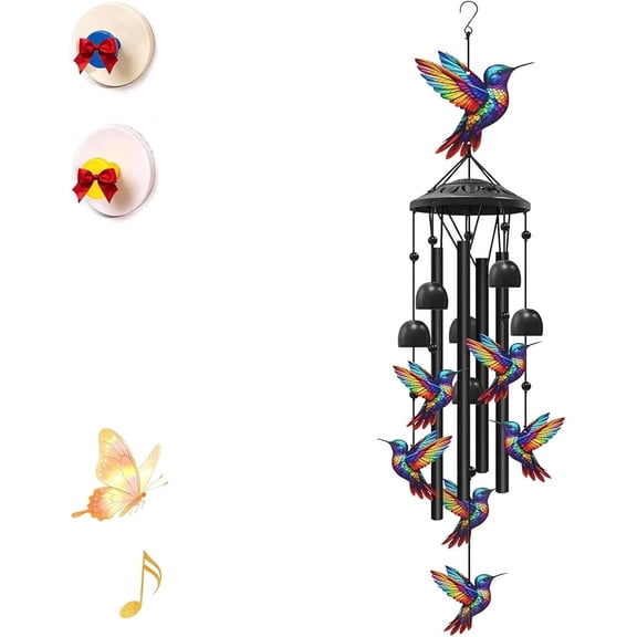 Vintage Colorful Hummingbird Wind Chime with Metal Tubes and Bells, Weather Resistant Hanging Garden Bells, Waterproof Soft Deep Tone Memorial