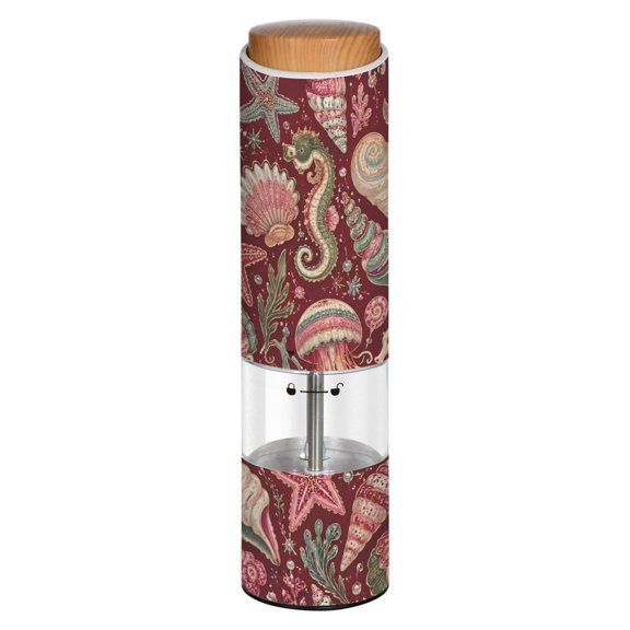 Vintage Colorful Jellyfish Shells Printed Electric Pepper Mill One-Touch Battery Operated Salt Grinder Adjustable Coarseness Decorative Counter Spice Tool