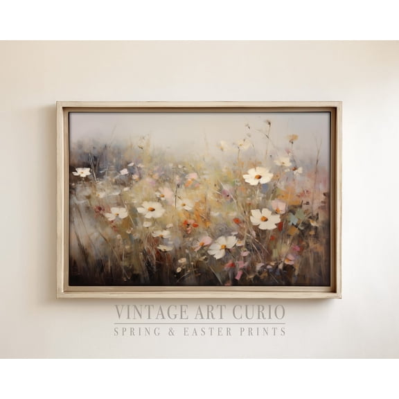 Vintage Colorful Spring Wildflower Landscape, Floral Cottagecore Wall Art for Farmhouse Decor, Antique Scenery Unframed Paper Print
