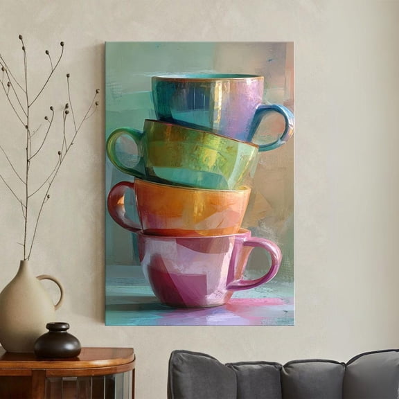 Vintage Colorful Stacked Coffee Mugs Wall Art, Impressionist Kitchen Decor, Pastel Teacups , Coffee Bar Sign, Tea Lover, Unframed Canvas 8x10in