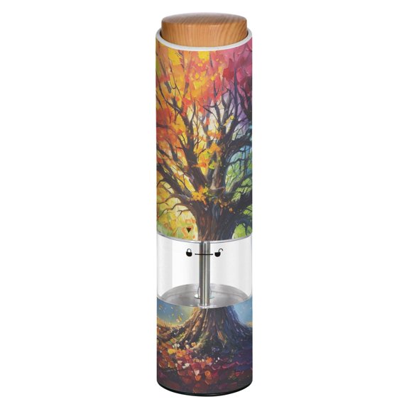 Vintage Colorful Tree Printed Electric Pepper Mill One-Touch Battery Operated Salt Grinder Adjustable Coarseness Decorative Counter Spice Tool