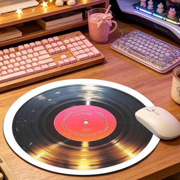 Vintage Colorful Vinyl Record Art Round Mouse Pad, 2D Printed Mouse Mat for Home Office Gaming (8.66in), Stylish Desktop Decor & Festival Gift