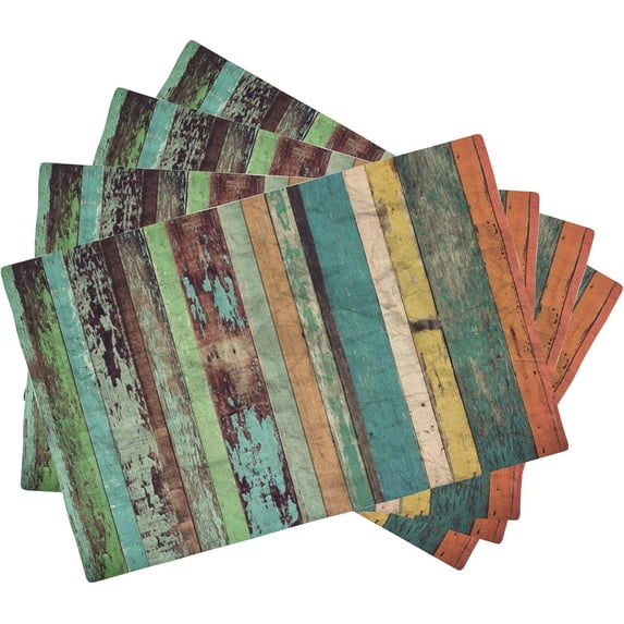 Vintage Colorful Wooden Placemats Set of 4, Placemats Dining Table Mat Set,12x18 Washable Stain Resistant Wipeable Cloth Placemat for Kitchen Buffet Parties