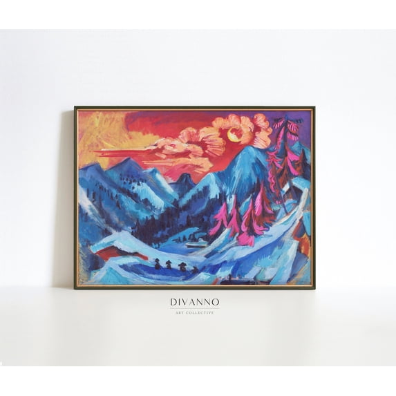 Vintage Colourful Wall Art Winter Landscape Moonlight Print, UNFRAMED Size 16x16