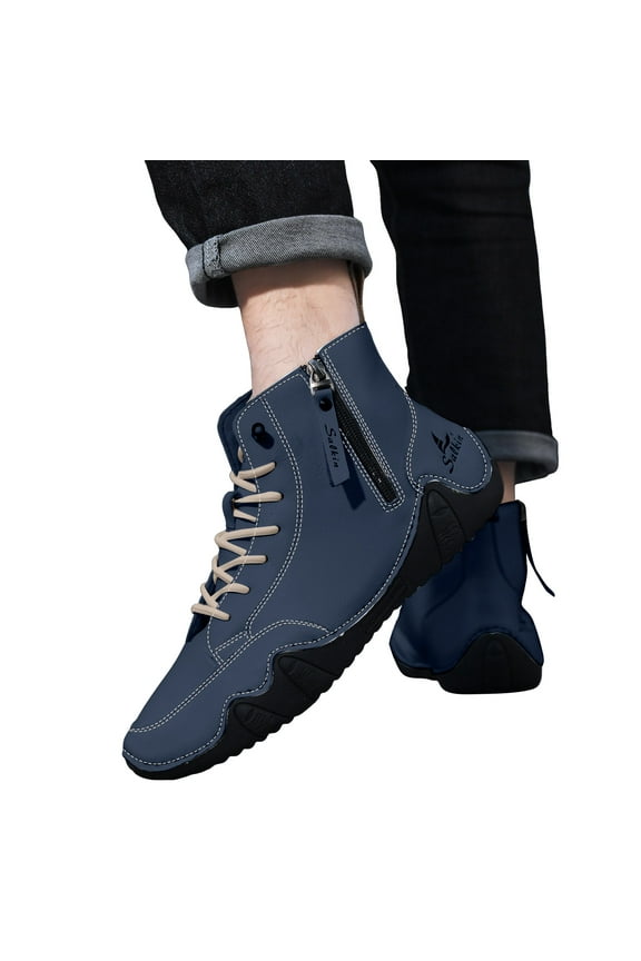 Vintage Combat Boots for Men with Side Zipper Comfortable Casual Wide Width Lace up Leather Orthopetic Walking Riding Ankle Booties Blue Size 11