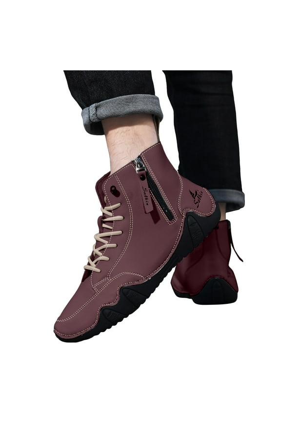 Vintage Combat Boots for Men with Side Zipper Comfortable Casual Wide Width Lace up Leather Orthopetic Walking Riding Ankle Booties Wine Size 12