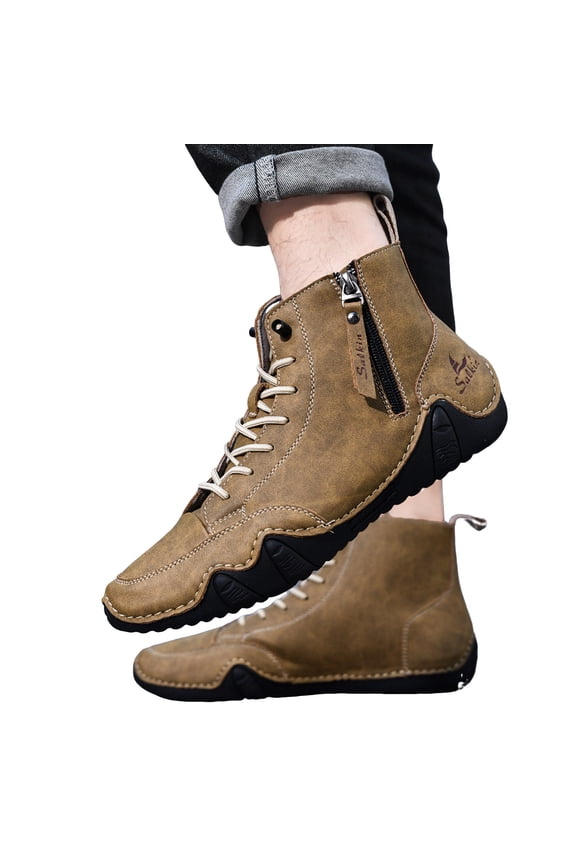Vintage Combat Boots for Men with Side Zipper Comfortable Casual Wide Width Lace up Leather Orthopetic Walking Riding Ankle Booties Yellow Size 12