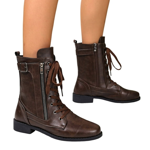 Vintage Combat Boots for Women with Side Zipper Buckle Leather Lace up Pointed Toe Low Heel Mid Calf Booties Wine Size 7.5