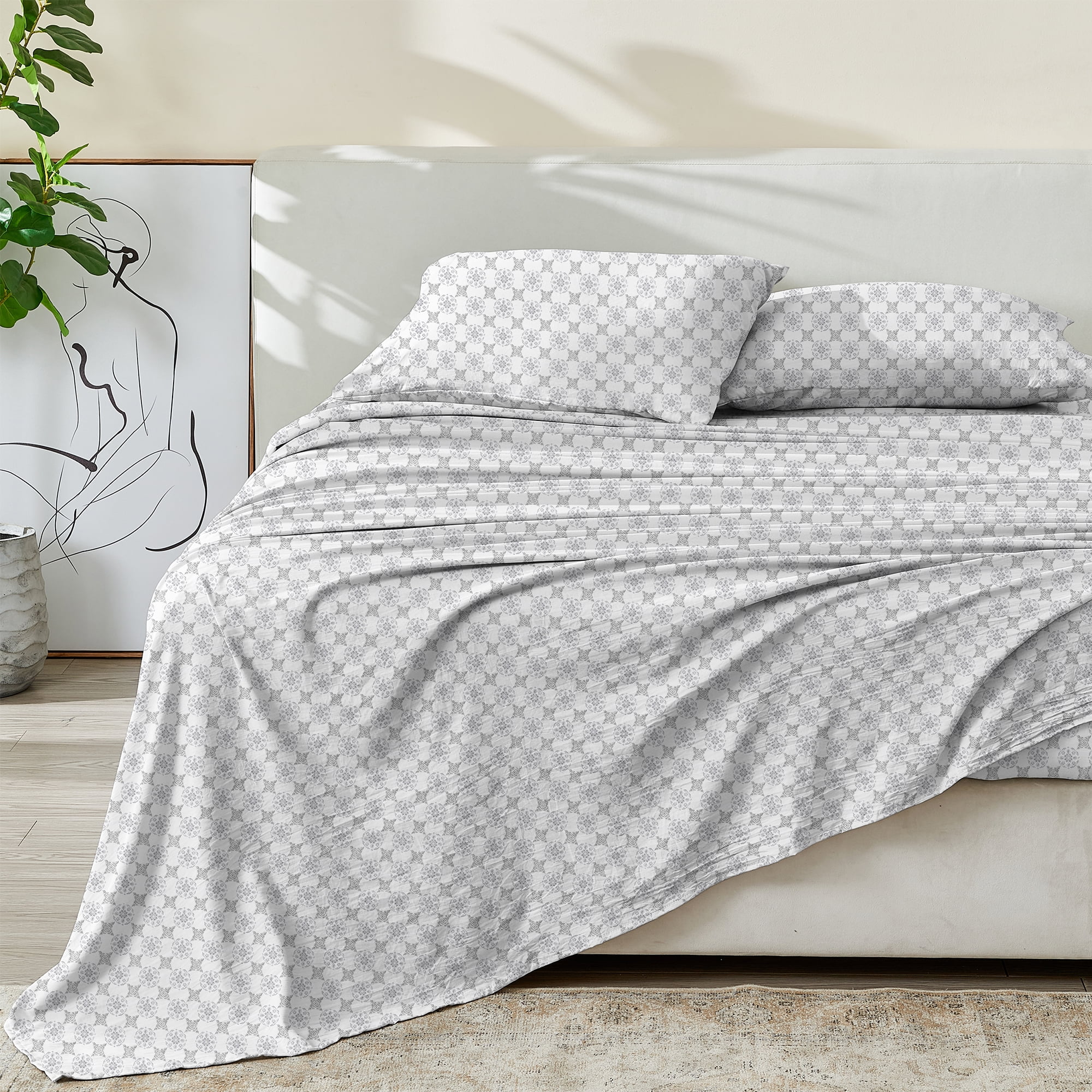 Full Gray Floral Cotton Percale Sheet Set