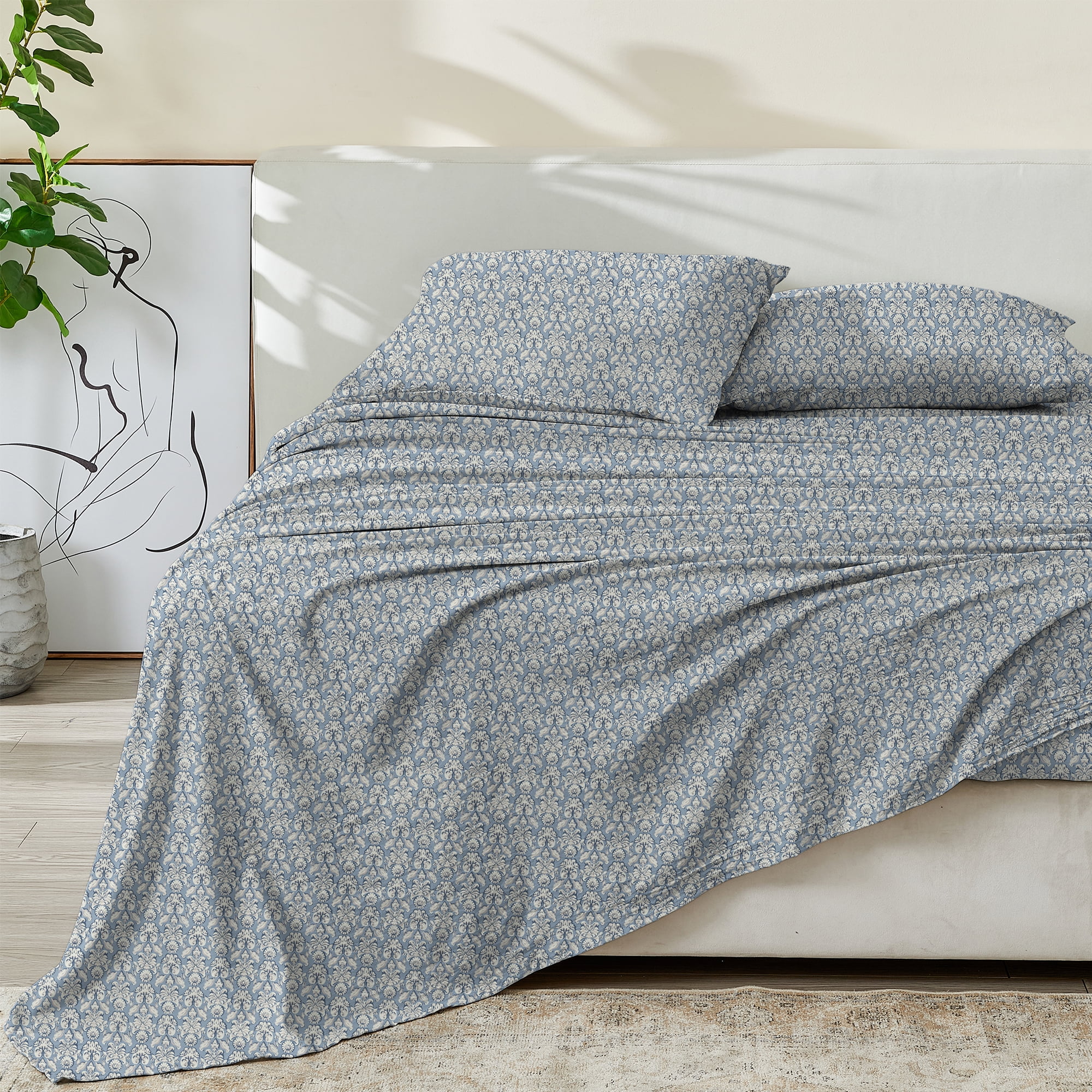 Full Blue Floral Cotton Percale Sheet Set
