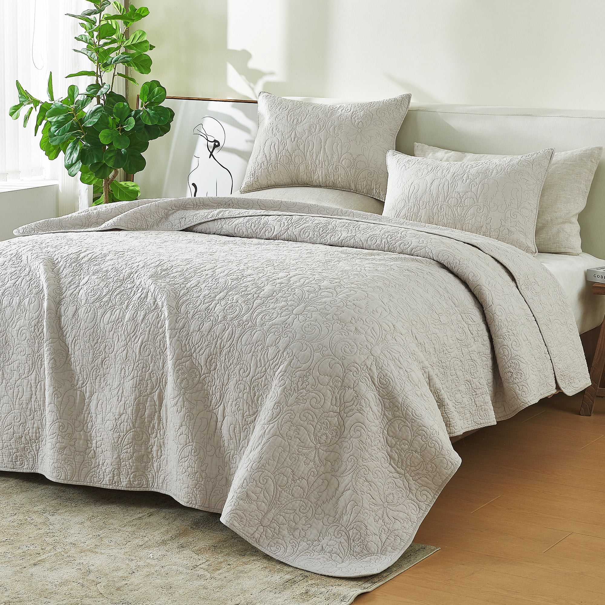 Vintage Comfort 100% Cotton Stitched 3 Piece Quilt Set with Shams, Full / Queen
