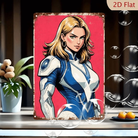 Vintage Comic Book Style Female Superhero Art, 8x12 Inches Metal Wall Decor, Retro Pop-Art Heroine with Blonde Hair and Blue Suit, Bold Lines & Vibrant Colors for Home Office Gallery
