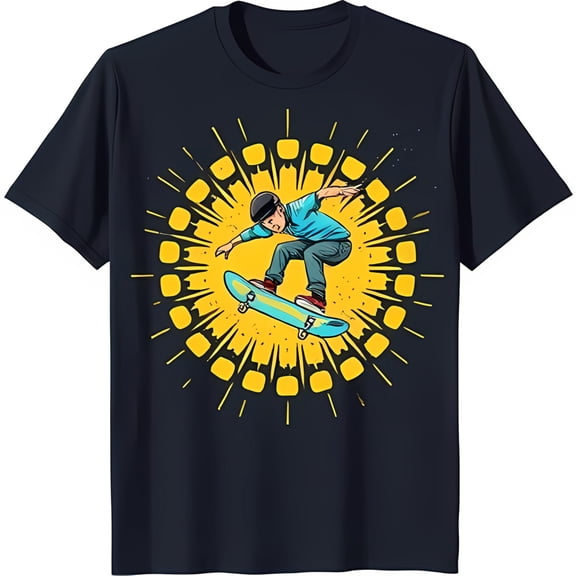Vintage Comic Inspired Black T-Shirt with Colorful Skateboarder Graphic