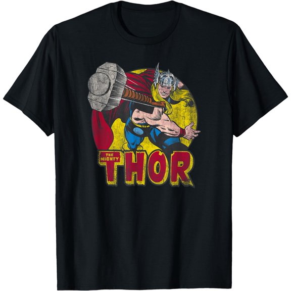 Vintage Comic Thor Mighty Hammer Throw DTG Print Unisex T-Shirt,Black Color,Size YM