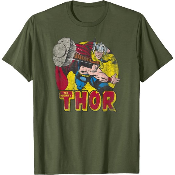 Vintage Comic Thor Mighty Hammer Throw DTG Print Unisex T-Shirt,Military Green Color,Size 2XL