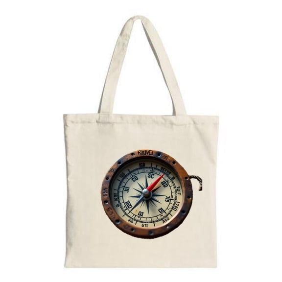 Vintage Compass Canvas Tote Bag - Stylish multifunctional design with wooden frame red bilingual markings for shopping and travel