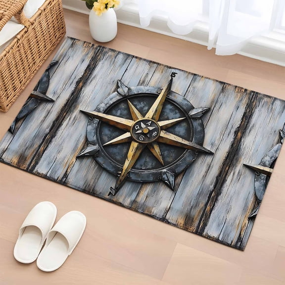 Vintage Compass Coastal Bathroom Rug Washable 2x3 Entryway Rug Non Slip Nautical Ocean Summer Beach Front Door Mat Low Pile Indoor Doormat Throw Floor Carpet for Kitchen Bedroom Entrance