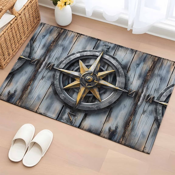 Vintage Compass Coastal Bathroom Rug Washable 2x3 Entryway Rug Non Slip Summer Beach Ocean Nautical Front Door Mat Low Pile Indoor Doormat Throw Floor Carpet for Kitchen Bedroom Entrance