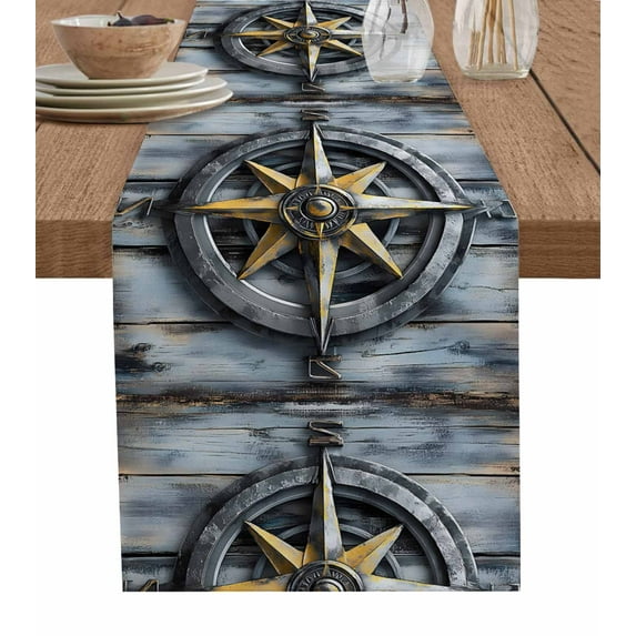 Vintage Compass Coastal Burlap Cotton Table Runner 14x72 Inches Long, Summer Beach Ocean Nautical Farmhouse Table Runners, Outdoor Dining Tablecloths Decor for Baby Shower/Party/Wedding