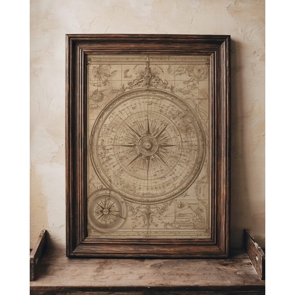 Vintage Compass & Map Old World Navigation Wall Art For Home Office Decor