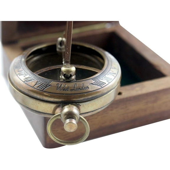 Vintage Compass Nautical Brass Maritime Antique Finish west London Sundial Wooden Box