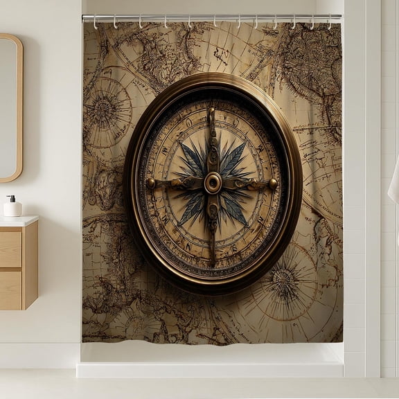 Vintage Compass Shower Curtain, Antique Bronze Nautical Decor for Bathroom, Travel Themed Home Design, Classic Style Waterproof Fabric with Hooks-60"W x 72"L (Pack of 1)