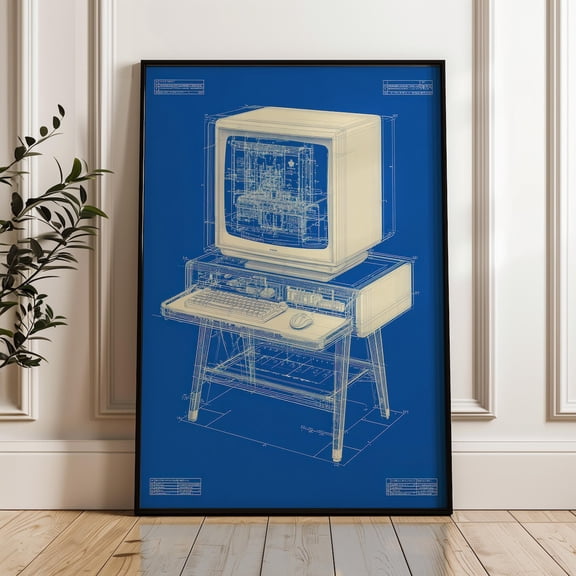 Vintage Computer Blueprint Technical Illustration Office Decor Wall Art
