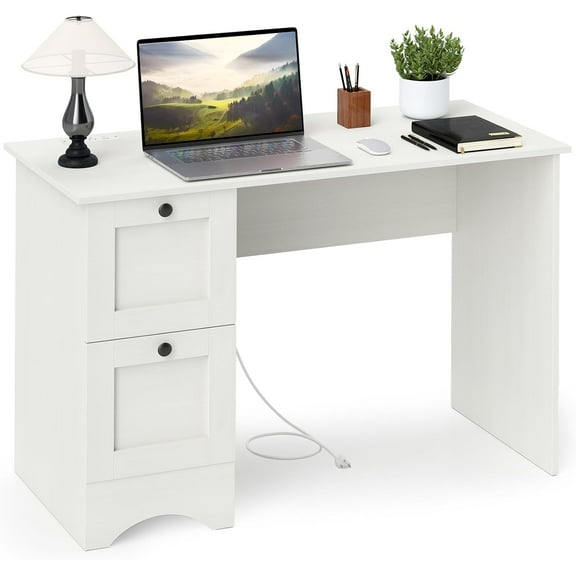 Vintage Computer Desk with Drawers, White Table with Power Outlet, Work Table with Storage for Home Office, Small Writing Desk for Small Spaces, Bedroom, Living Room