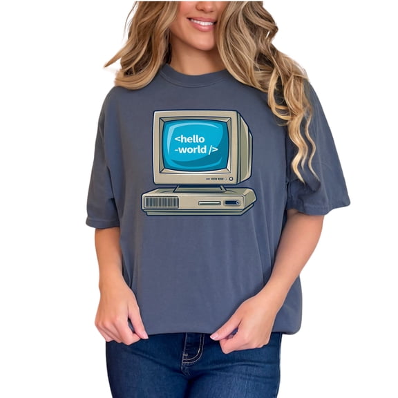 Vintage Computer Graphic T-Shirt, Hello World Retro Coding Tee, Funny Programmer Shirt, Tech Enthusiast Gift, Denim Comfort Colors T-Shirt, Large