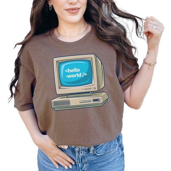 Vintage Computer Graphic T-Shirt, Hello World Retro Coding Tee, Funny Programmer Shirt, Tech Enthusiast Gift, Espresso Comfort Colors T-Shirt, Small