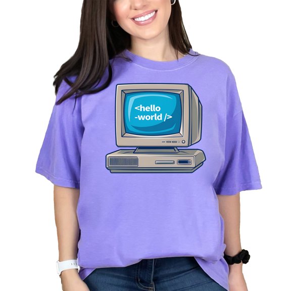 Vintage Computer Graphic T-Shirt, Hello World Retro Coding Tee, Funny Programmer Shirt, Tech Enthusiast Gift, Violet Comfort Colors T-Shirt, 3XL