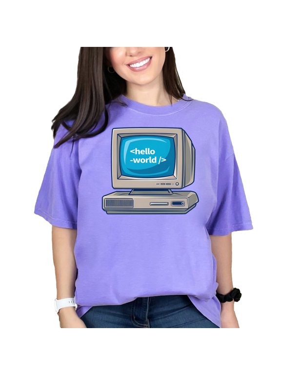 Vintage Computer Graphic T-Shirt, Hello World Retro Coding Tee, Funny Programmer Shirt, Tech Enthusiast Gift, Violet Comfort Colors T-Shirt, 3XL
