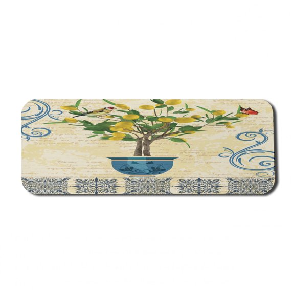 Vintage Computer Mouse Pad, Retro Style Lemon Tree in the Pot Realistic Detailed Sparrow and Butterfly, Rectangle Non-Slip Rubber Mousepad Large, 31" x 12" Gaming Size, Multicolor, by Ambesonne