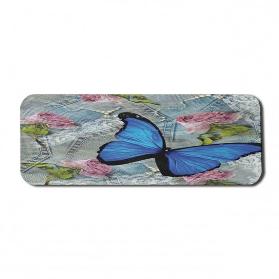 Vintage Computer Mouse Pad, Roses Butterfly and Pearl Images on Denim Look Background Feminine Roamantic Art, Rectangle Non-Slip Rubber Mousepad Large, 31" x 12" Gaming Size, Multicolor, by Ambesonne