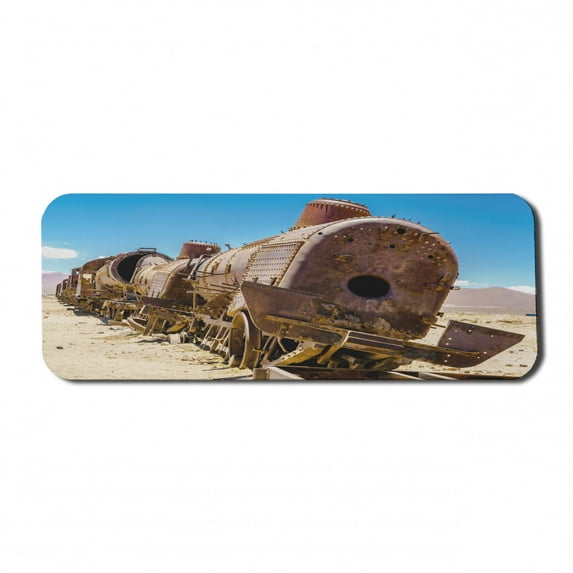 Vintage Computer Mouse Pad, Rusty Old Abandoned Steam Train Locomotive Cemetery Railroad Wreck Picture Print, Rectangle Non-Slip Rubber Mousepad Large, 31" x 12" Gaming Size, Blue Brown, by Ambesonne