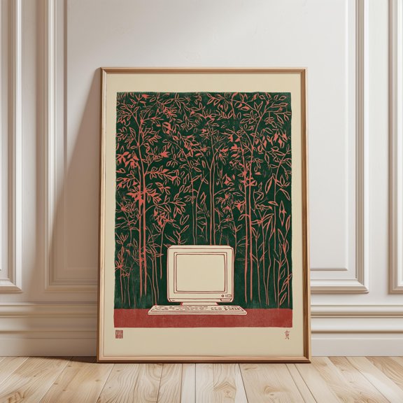 Vintage Computer Poster, Japanese Minimal Line Art Print, Poster Only