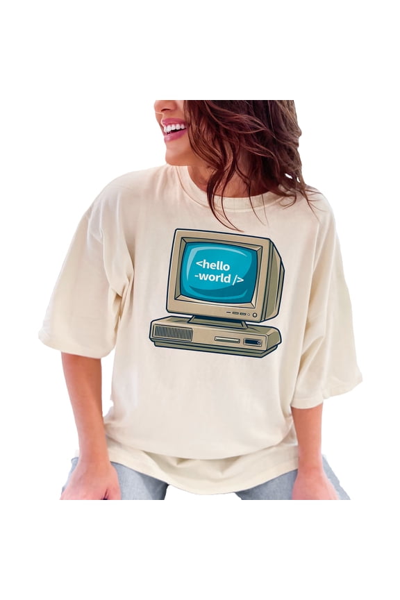 Vintage Computer T-Shirt, Hello World Tee, Programmer Gift, Retro Geek Graphic Tee, Cool Nerd Shirt, Funny Techie T-Shirt, Ivory Comfort Colors T-Shirt, 3XL