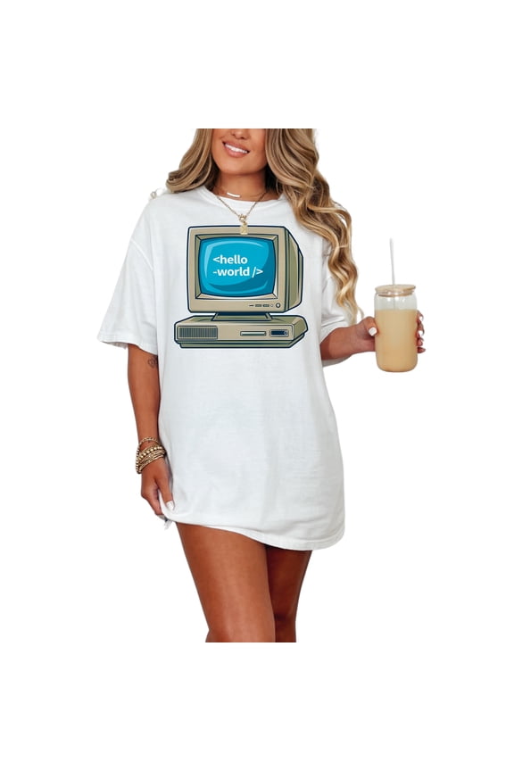 Vintage Computer T-Shirt, Hello World Tee, Programmer Gift, Retro Geek Graphic Tee, Cool Nerd Shirt, Funny Techie T-Shirt, White Comfort Colors T-Shirt, Small