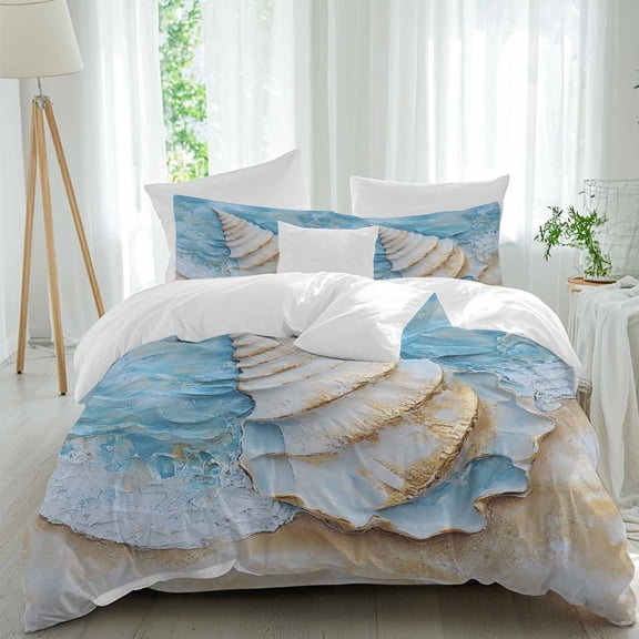 Vintage Conch Queen Size Comforter Set, Ocean Waves Coastal Farmhouse Bedding for All Seasons, 4 Pcs Bed Set, 1Quiltcover (90"x92") ,1Sheet(94"x116"), 2Pillowcases (30"x20")