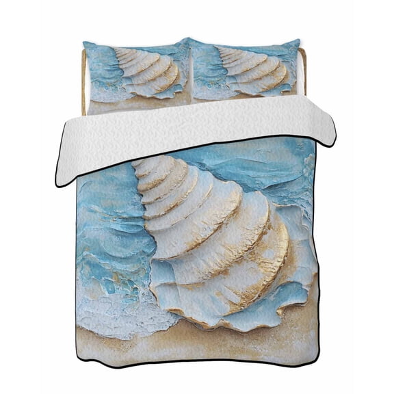 Vintage Conch Quilts Bedding Set Queen Size Ocean Waves Lightweight Quilted Bedspread 3 Piece Bed Quilt with 2 Pillow Shams All Season for Bedroom 78" x 90"