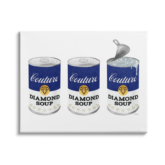 Vintage Condensed Soup Fashion Cans Bold Couture 20 in x 16 in Painting Canvas Art Print, by Stupell Home Décor